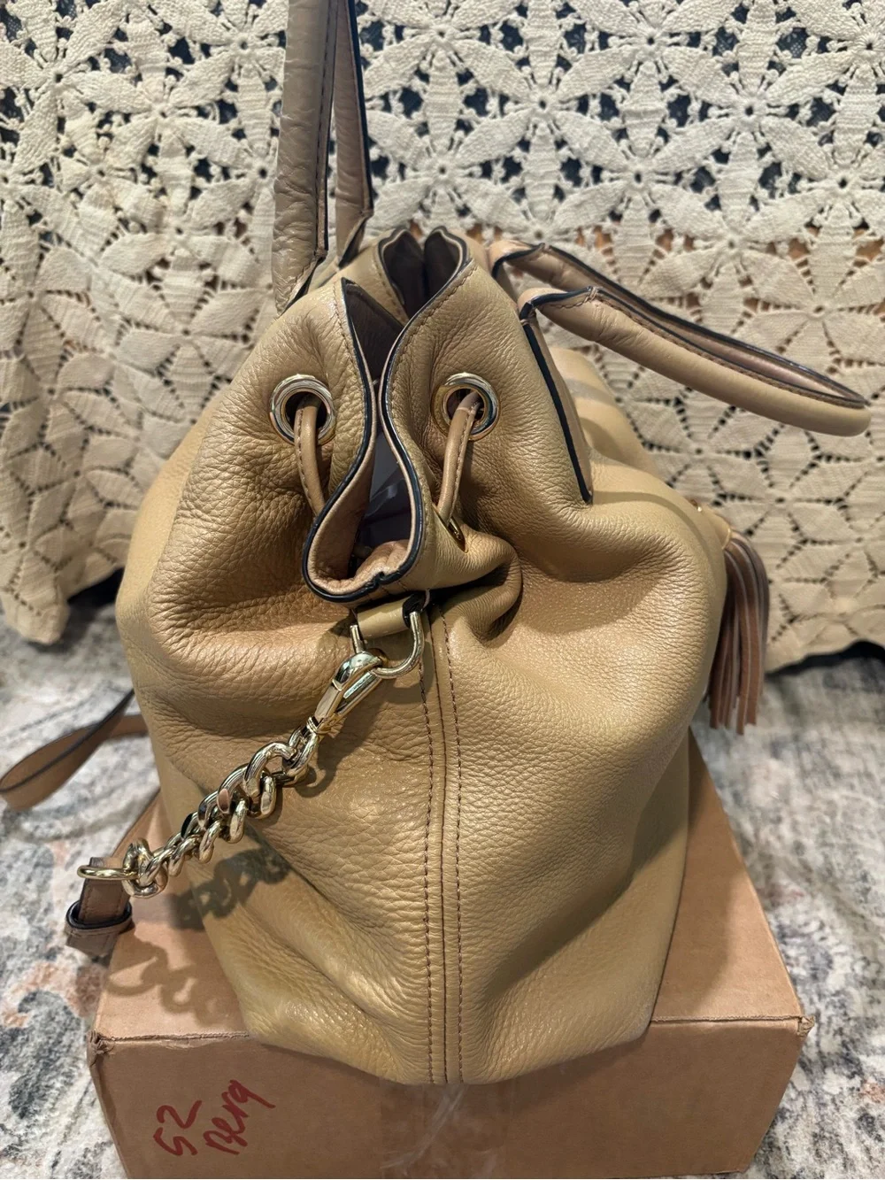 Women’s Tassel Drawstring Satchel Bag in Tan - Stylish Everyday Handbag